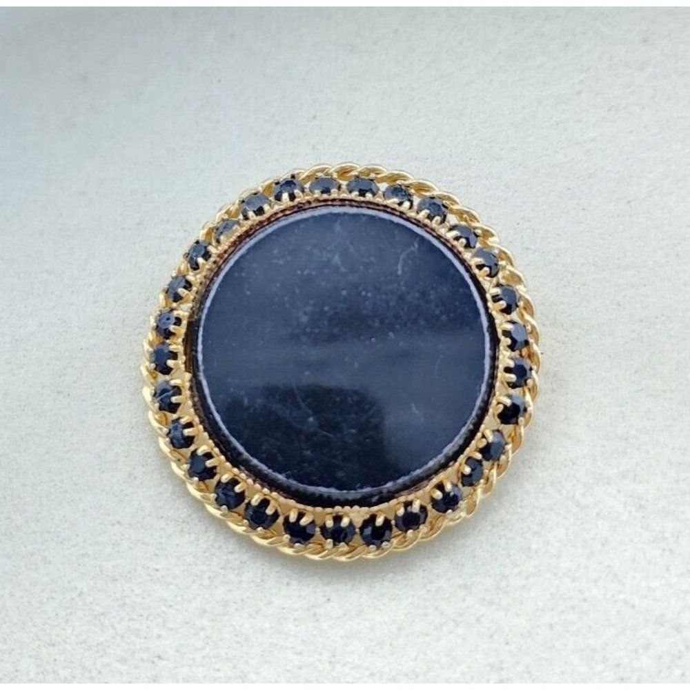 Vtg Unbranded Flat Round Marcasite Black Onyx Brooch Twist Halo Black Rhinestone